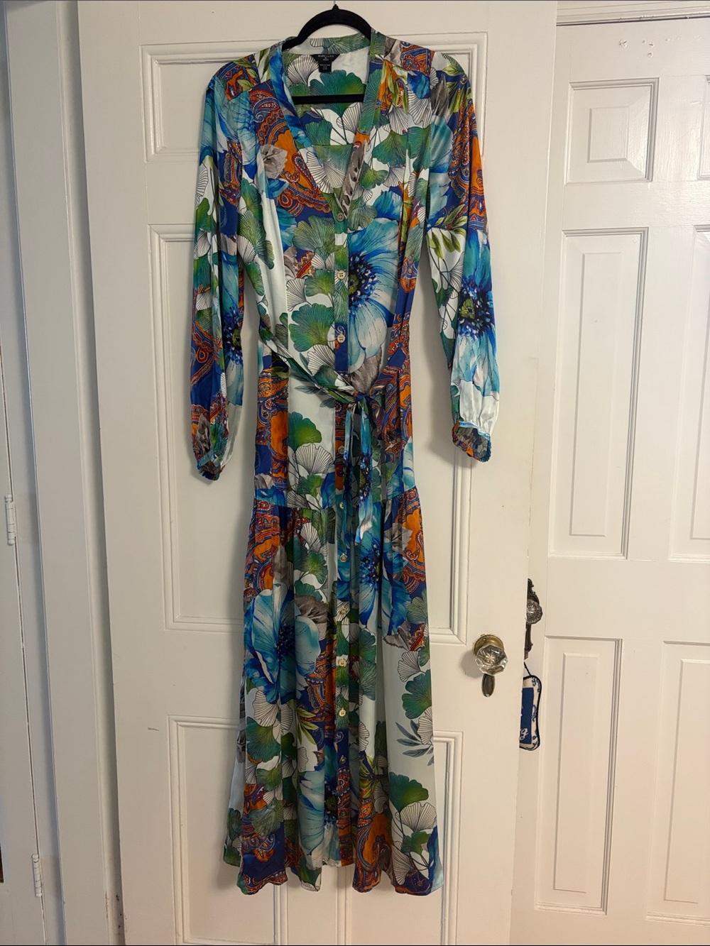 Guess by Marciano Floral Print Long Sleeve Maxi Dress in Blue, Green, Orange
